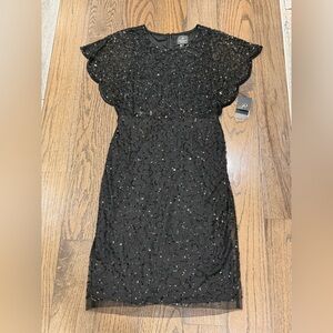 Adrianna Papell Elegant Black Sequin Mini Cap Sleeve Party Dress NWT 6